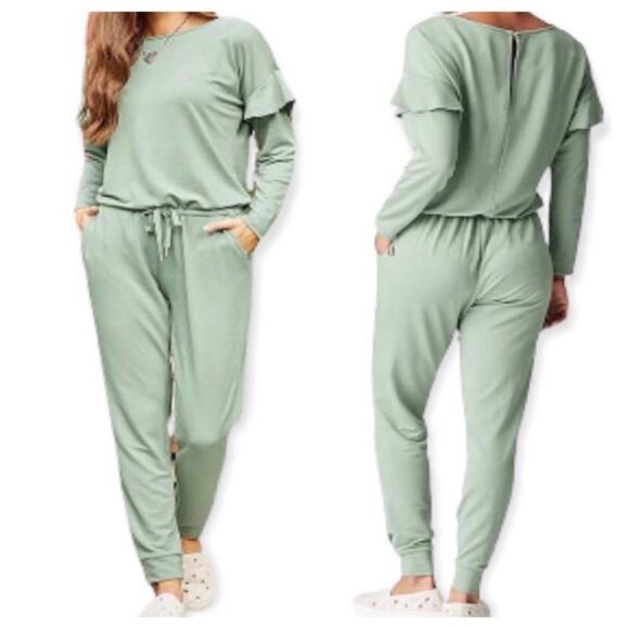Matilda Jane Mint Green Long Sleeve Resting Day Pocket Knit Jumpsuit Sz.L - Picture 3 of 14